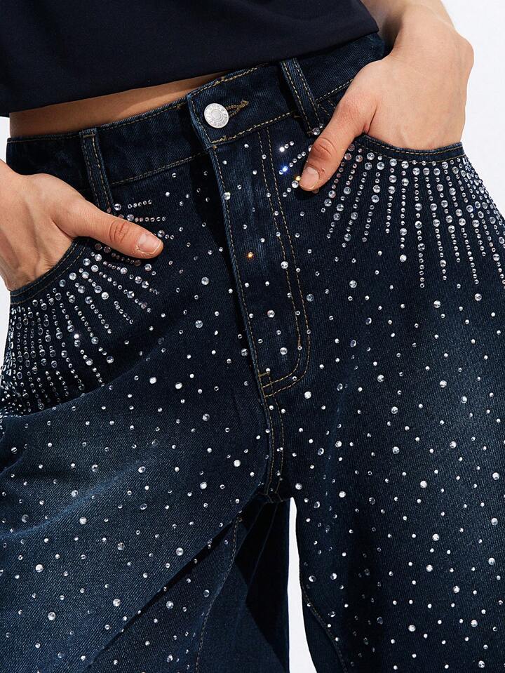 CM-BS943987 Women Casual Seoul Style Rhinestone Side Pockets Drop Waist Loose Denim Shorts