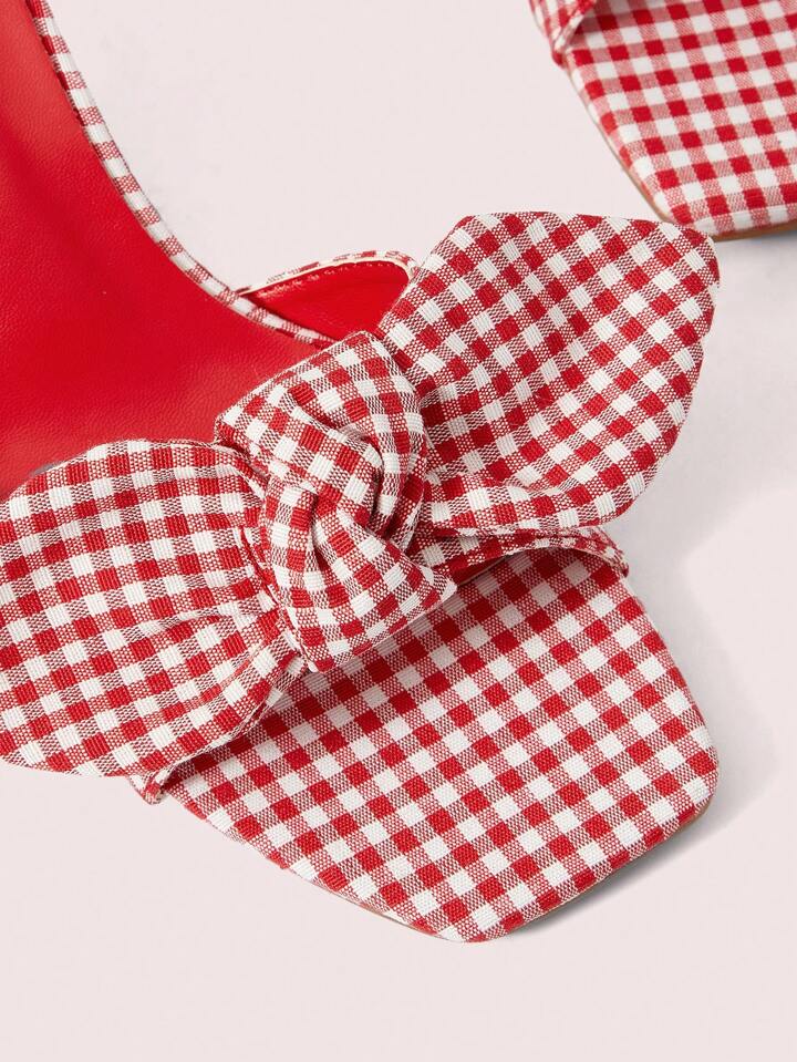 CM-SHS898723 Women Trendy Seoul Style Gingham Square Toe Mule Flat Sandals - Red
