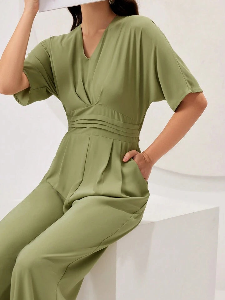 CM-JS376958 Women Casual Seoul Style V-Neck Batwing Short Sleeve Jumpsuit - Green
