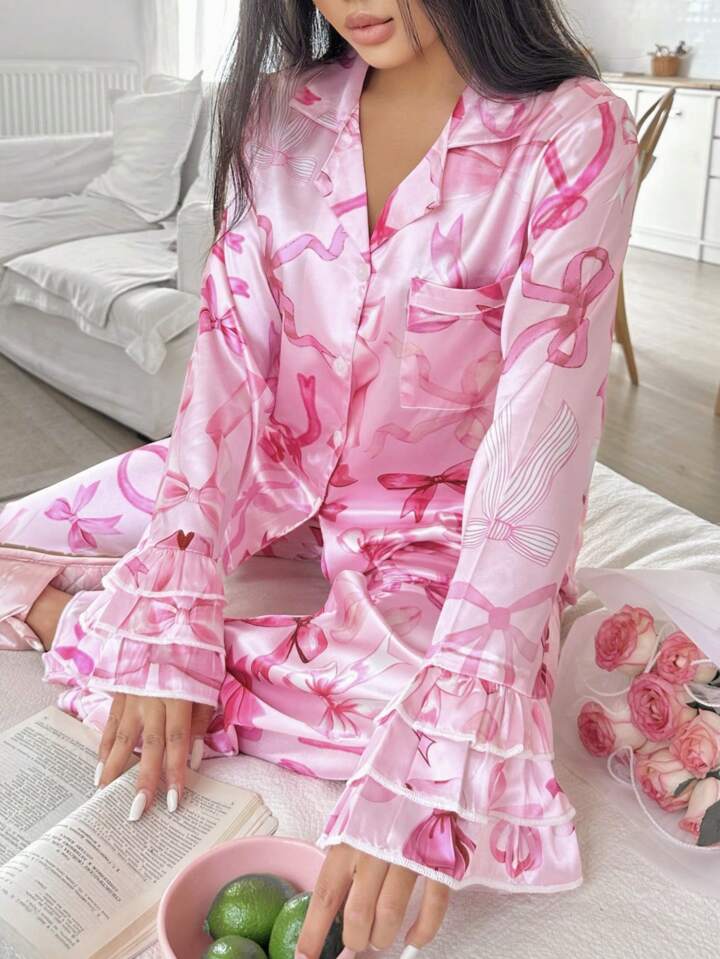 CM-LS386810 Women Trendy Seoul Style Bow Tie V-Neck Long Sleeve Satin Collar Pajama Set