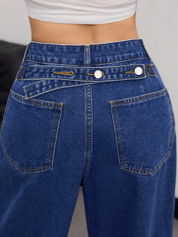 CM-BS482125 Women Casual Seoul Style Dark Wash Loose Fit Pockets Palazzo Wide-Leg Jeans