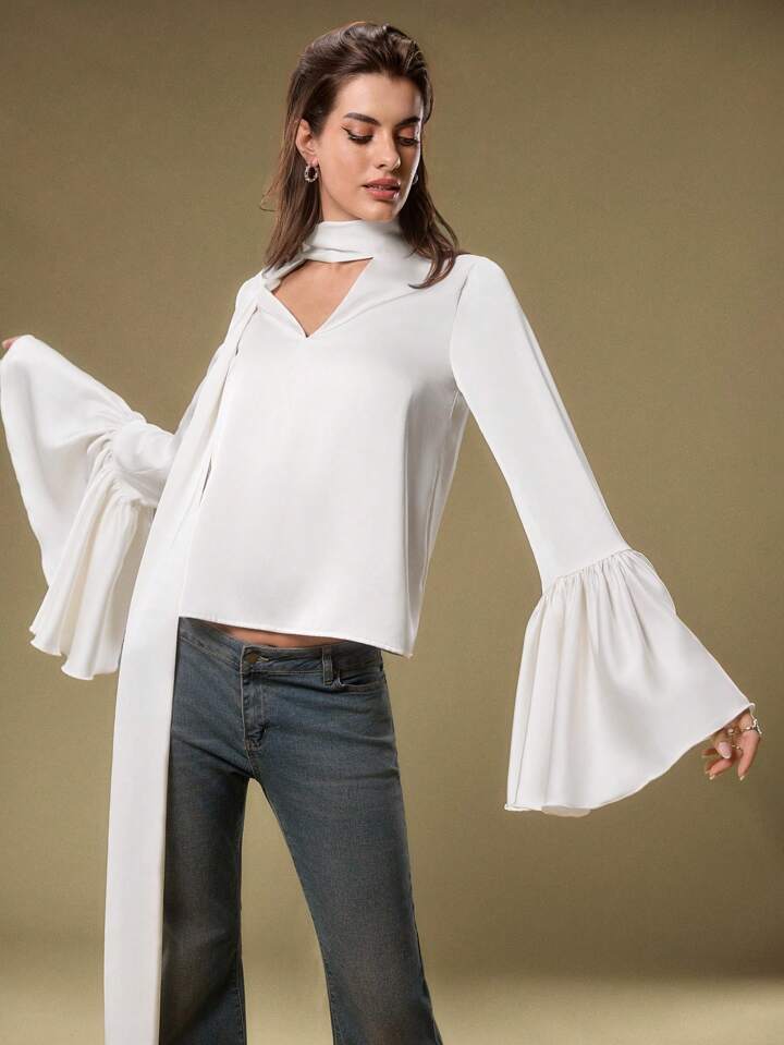 CM-TS353518 Women Elegant Seoul Style Solid Color Collar Neckline Bell Sleeve Blouse - White