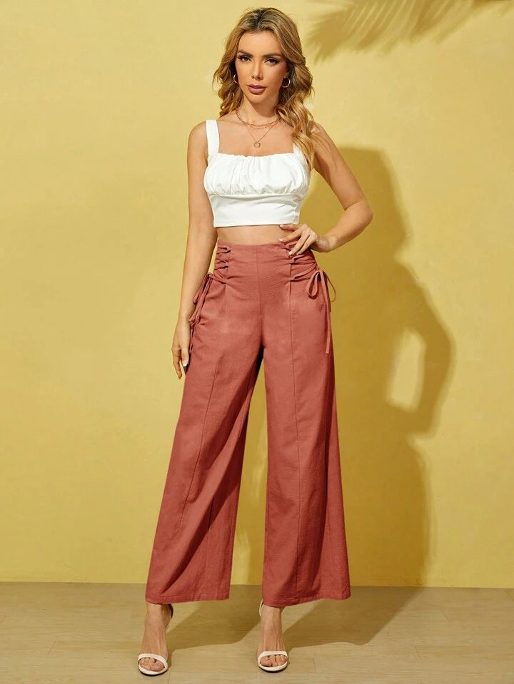 CM-BS229276 Women Casual Seoul Style High Waist Crossed Lace Up Wide Leg Pants - Rusty Rose