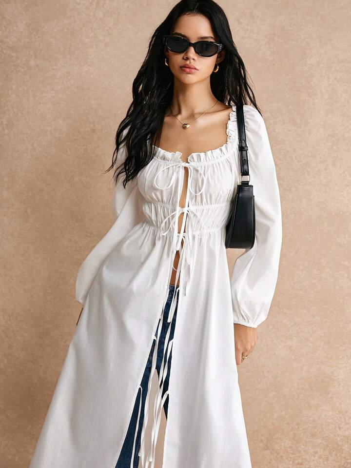 CM-TS147828 Women Casual Seoul Style Lace Up Bowknot Front Lantern Sleeve Long Shirt - White