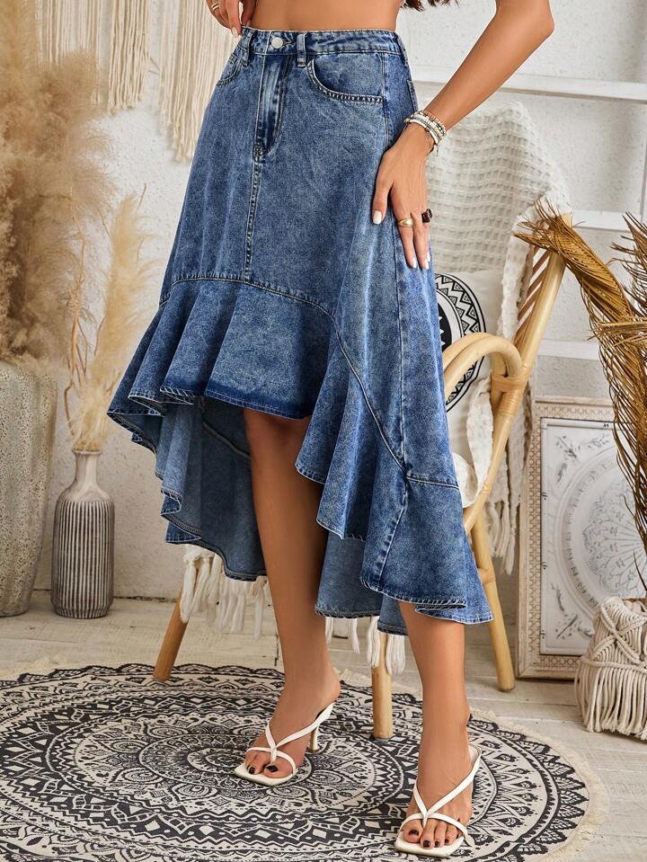 CM-BS531318 Women Casual Seoul Style Medium Wash Loose Irregular Hem Ruffle Skirt Denim Skirt