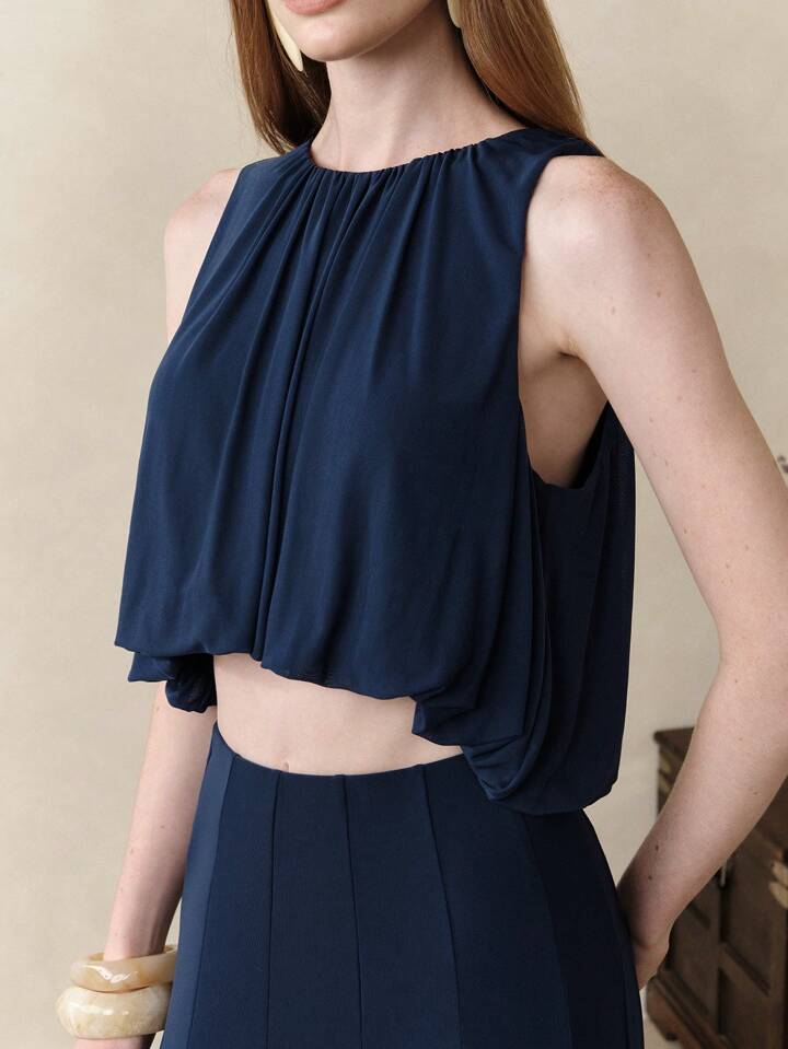 CM-SS555641 Women Trendy Bohemian Style Mesh Sleeveless Halter Neck Tank Top With Fitted Maxi Skirt - Set