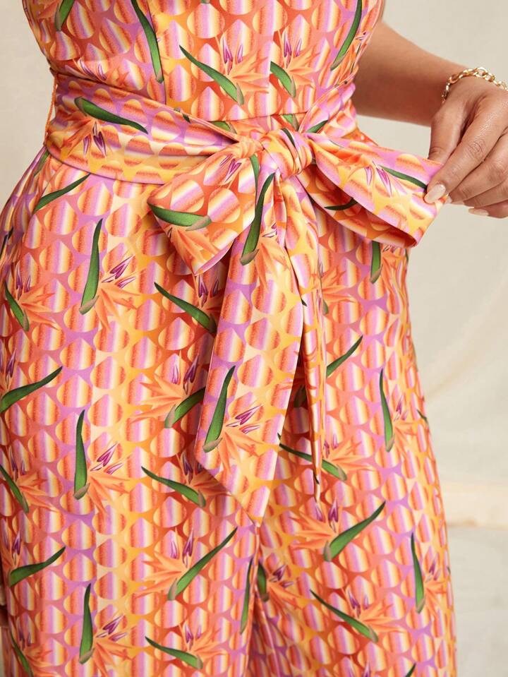 CM-JS904003 Women Casual Seoul Style Sleeveless Printed Waist Belt Slim Fit Jumpsuit
