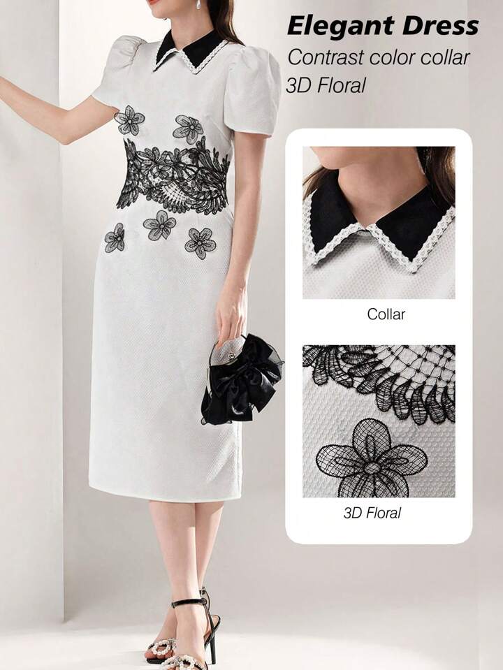 CM-DS226634 Women Casual Seoul Style Contrast Color Collar Ruffled Mid-Length Dress - White