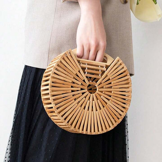CM-BGS366005 Women Trendy Seoull Style Round Bamboo Rattan Handbag - Khaki
