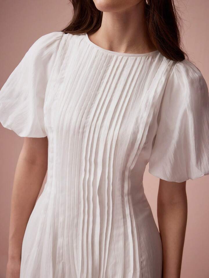 CM-DS127260 Women Elegant Seoul Style Round Neck Bubble Pleat Puff Long Sleeve Maxi Dress - White
