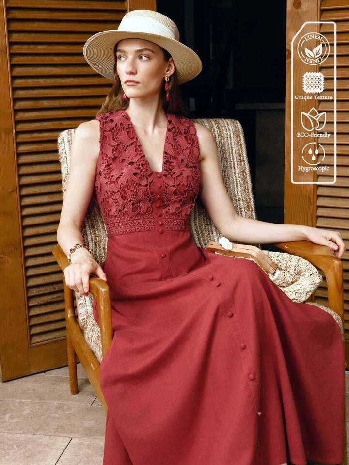 CM-DS111440 Women Trendy Bohemian Style Lace Patchwork V-Neck Sleeveless Waist-Cinched Hollow Trim Maxi Dress