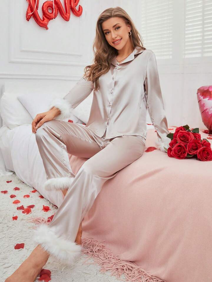 CM-LS209615 Women Trendy Seoul Style Satin Plush Detail Patchwork Pajama Set - Champagne