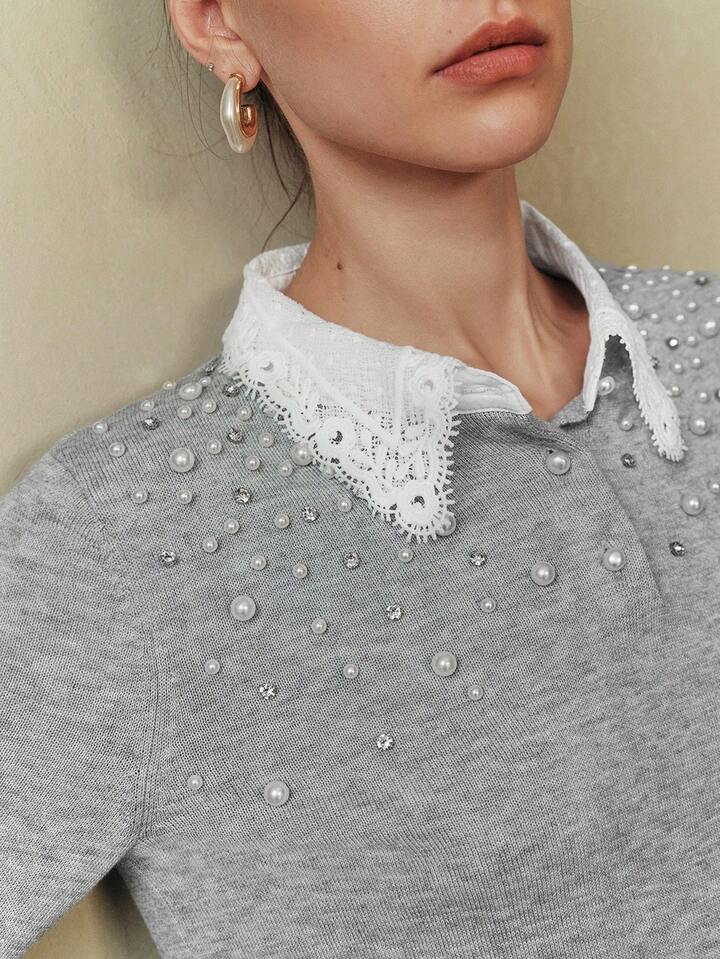 CM-CS224992 Women Elegant Seoul Style Contrast Lace Asymmetrical Gradient Bubble Beads Decor Sweater