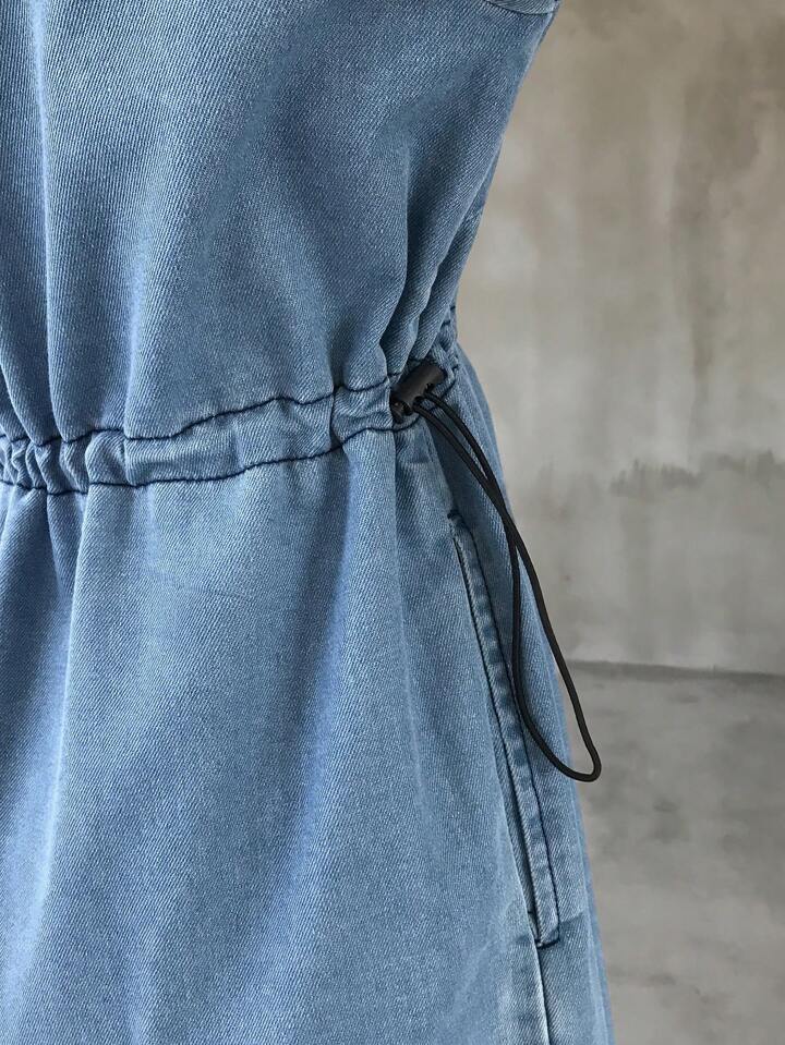 CM-DS589815 Women Casual Seoul Style Round Neck Short Sleeve Drawstring Waist Midi Denim Dress - Blue