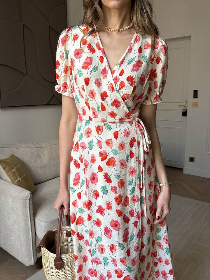 CM-DS348062 Women Trendy Bohemian Style V-Neck Puff Sleeve High Waist Floral Wrap Dress