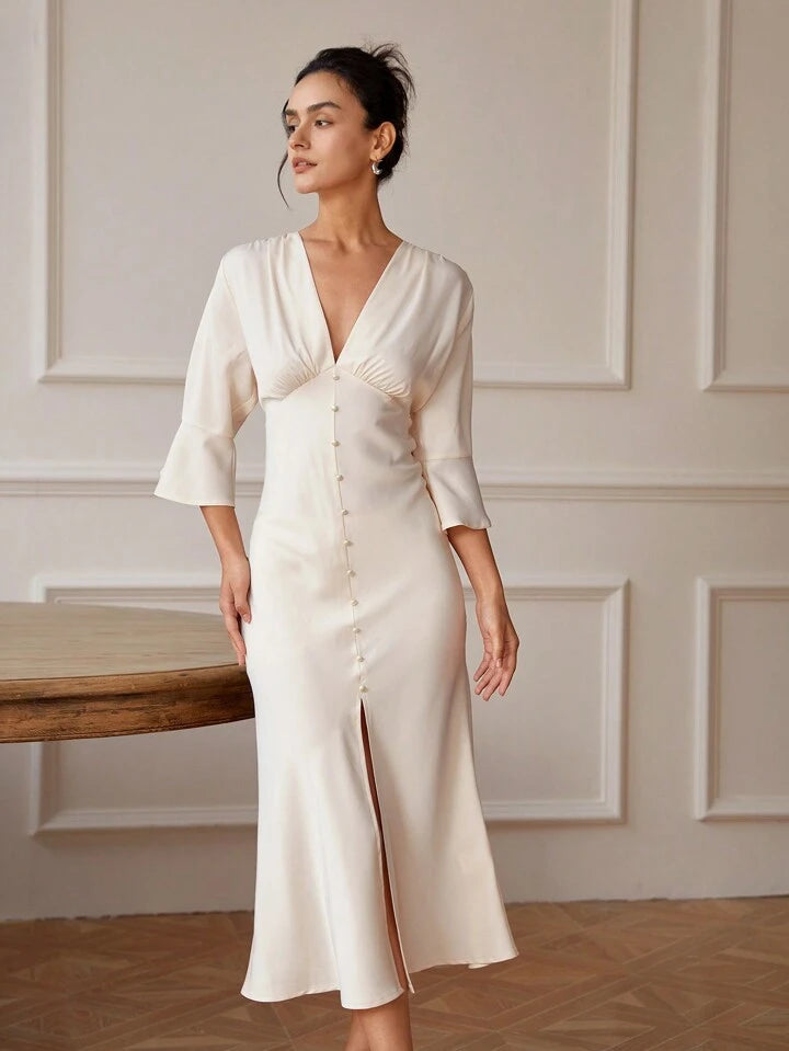 CM-DS247962 Women Elegant Seoul Style V-Neck Flare Sleeve Mermaid Dress - Champagne