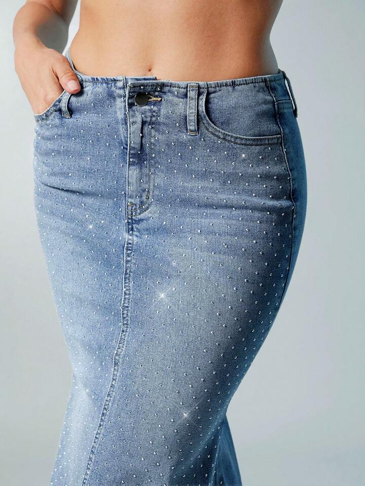 CM-BS311171 Women Elegant Seoul Style Dark Wash Rhinestone Drop Waist Mermaid Hem Denim Skirt