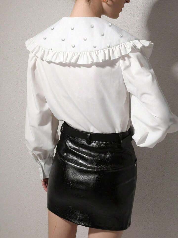 CM-TS234417 Women Elegant Seoul Style Solid Color Peter Pan Collar Bishop Sleeve Ruffle Detail Long Sleeve Blouse