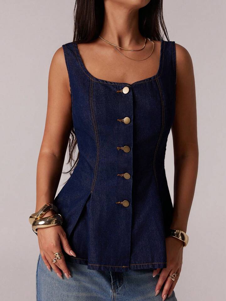 CM-TS395979 Women Elegant Seoul Style Scoop Neck Sleeveless Open Back Denim Top - Blue
