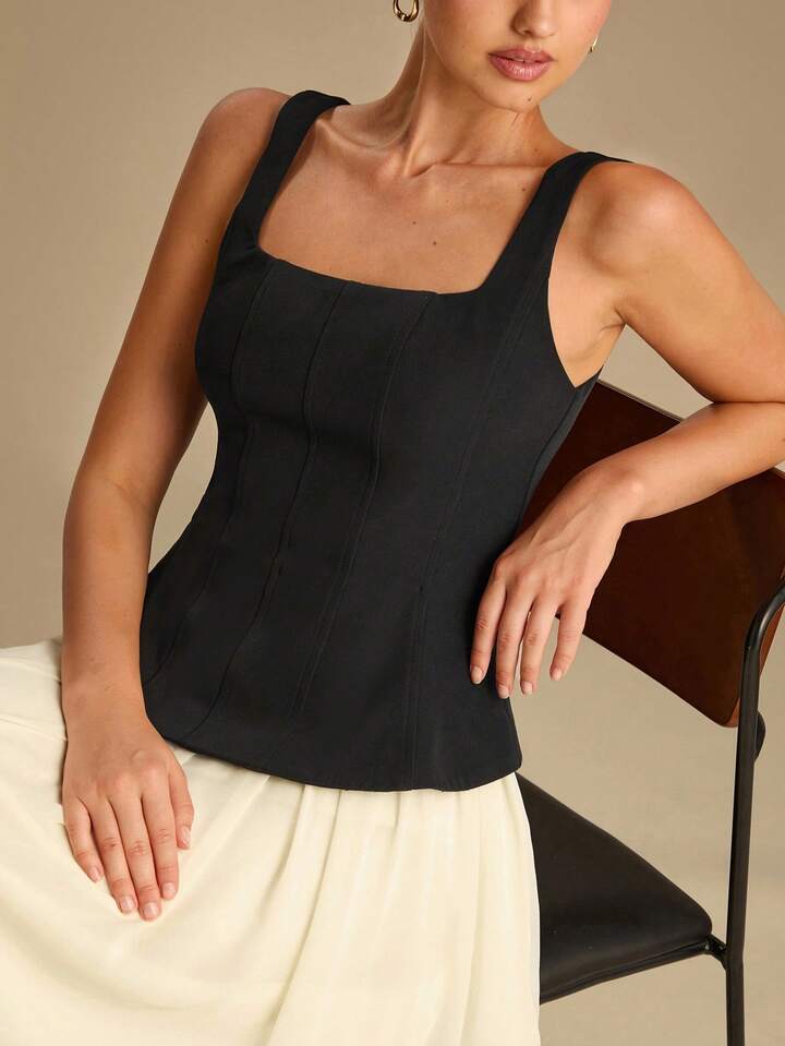 CM-DS532497 Women Elegant Seoul Style Color Block Square Neck Sleeveless Mid Waist Maxi Dress