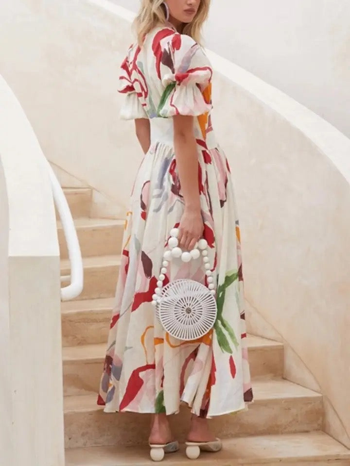CM-DS026083 Women Trendy Bohemian Style Floral Print Loose Short Sleeve V-Neck Dress - White