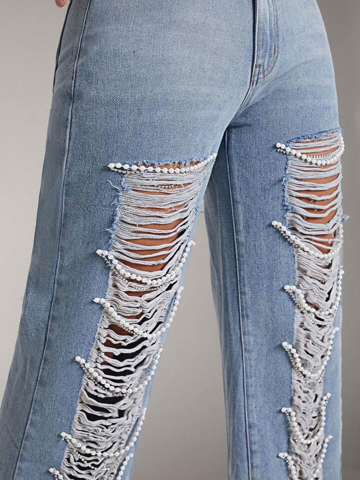 CM-BS343367 Women Casual Seoul Style Low Waist Distressed Pearl Accents Wide-Leg Jeans - Royal Blue