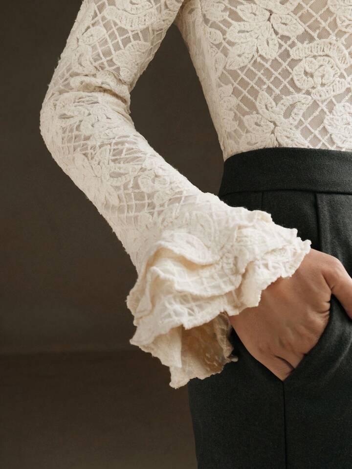CM-TS929621 Women Elegant Seoul Style Stand Collar Long Sleeve Ruffle Cuff Fitted Crochet Blouse - Apricot