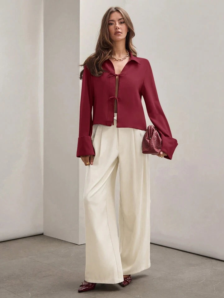 CM-TS803598 Women Trendy Bohemian Style Shirt Collar Front Tie Long Sleeve Shirt - Burgundy