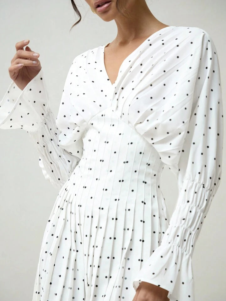 CM-DS010502 Women Elegant Seoul Style Polka Dot Printed Batwing Sleeve Pleated Waist Dress