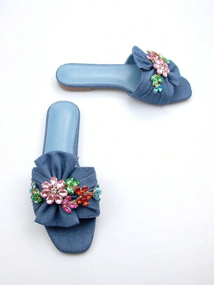 CM-SHS141881 Women Trendy Seoul Style Rhinestone And Bow Decor Slide Denim Flat Sandals - Blue