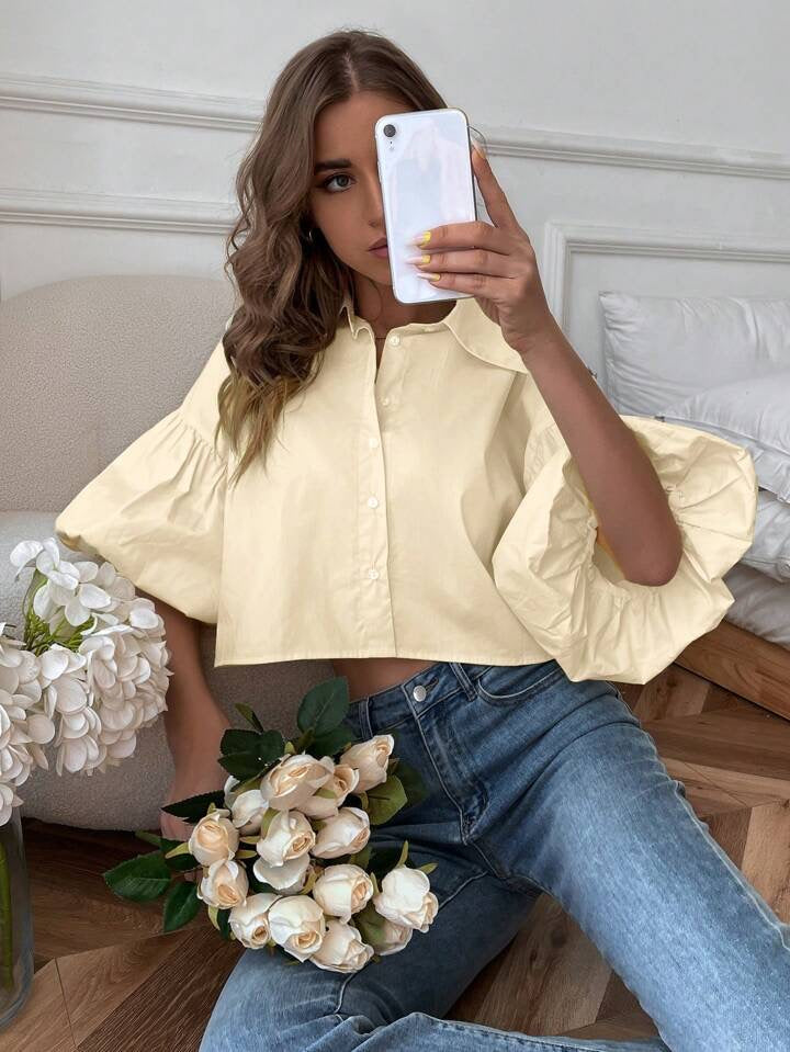 CM-TS082009 Women Casual Seoul Style Drop Bishop Sleeve Single Breasted Blouse - Beige