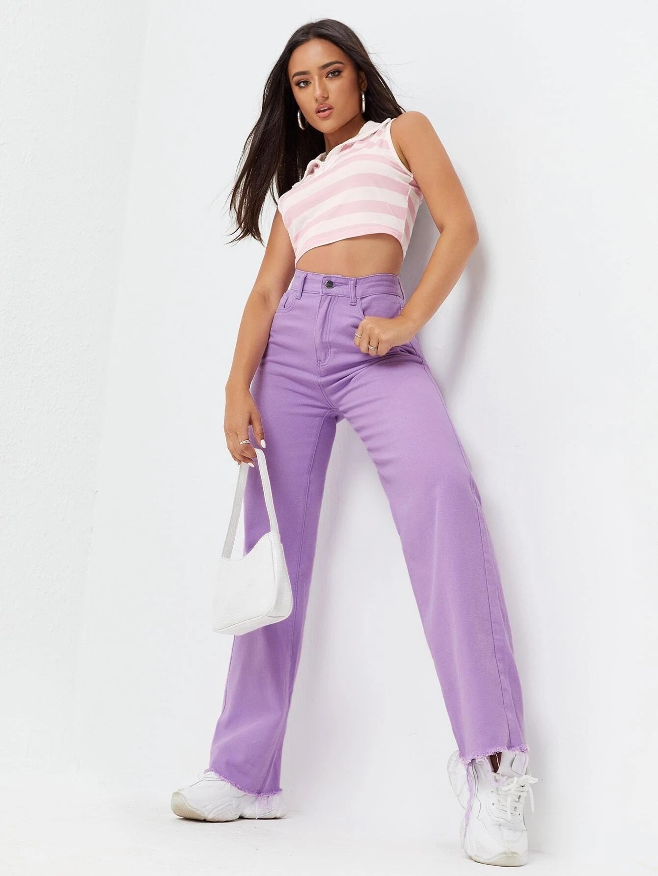 CM-BS421981 Women Casual Seoul Style High Waist Raw Hem Wide Leg Jeans - Purple