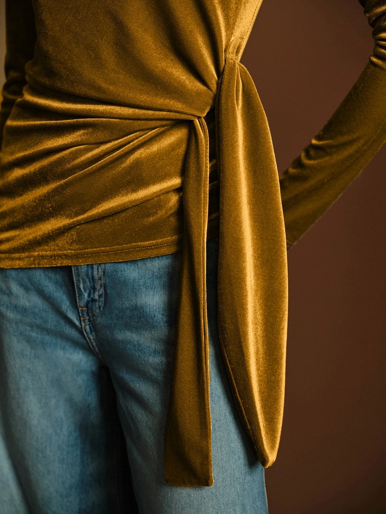 CM-TS240239 Women Casual Seoul Style Asymmetrical V-Neck Long Sleeve Twisted Tie Velvet Blouse - Yellow