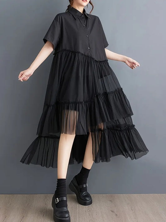 CM-DT180028 Women Casual Seoul Style Collar Neckline Long Sleeve Loose Shirt Dress - Black