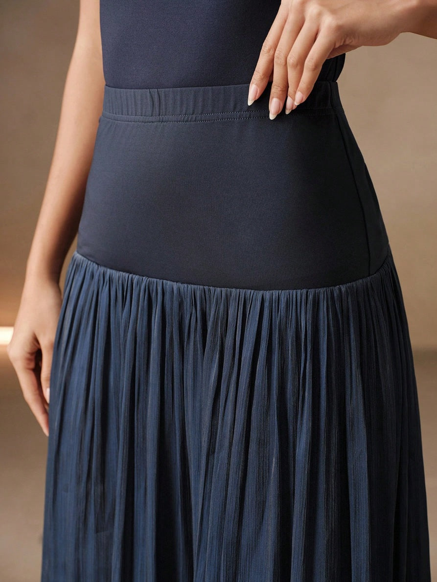 CM-BS089531 Women Elegant Seoul Style High Waist Patchwork Pleated A-Line Long Skirt - Navy Blue