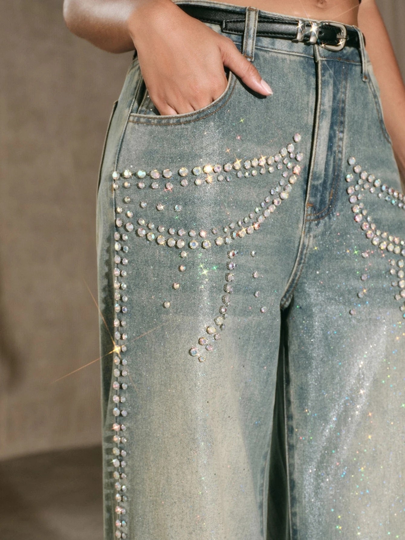 CM-BS803378 Women Casual Seoul Style Mid Waist Iridescent Rhinestone Straight Leg Jeans - Blue