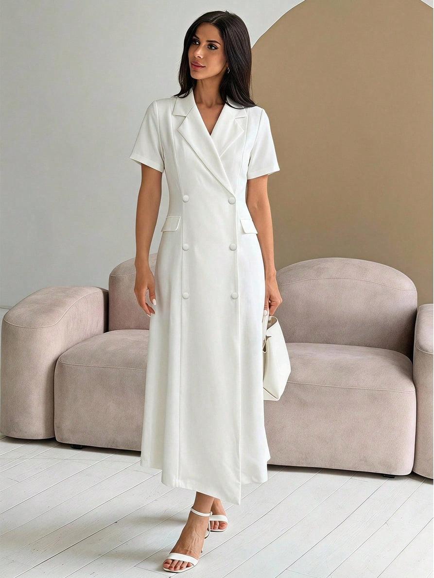 CM-DS789863 Women Casual Seoul Style Lapel Neckline Short Sleeve High Waist Mid-Length Dress
