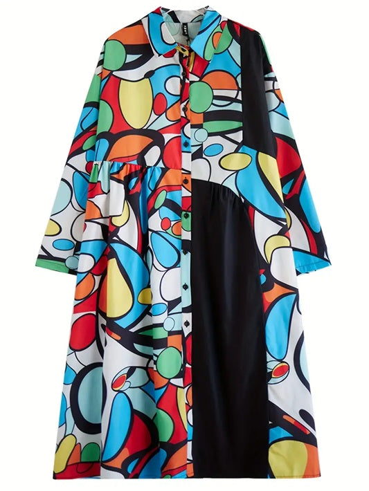 CM-DT105914 Women Casual Seoul Style Geometric Pattern Collar Neckline Long Sleeve Asymmetrical Hem Dress