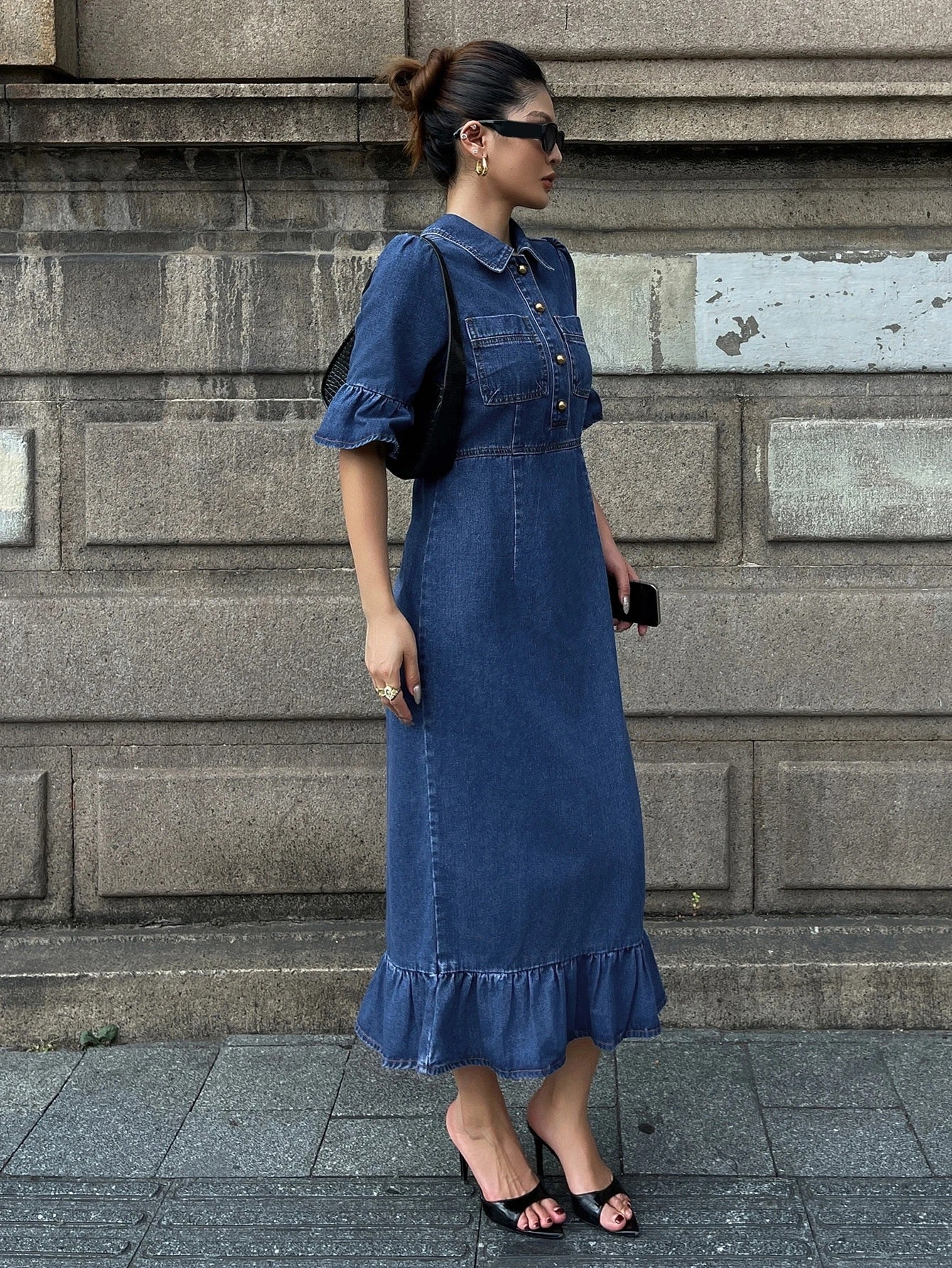 CM-DS370755 Women Casual Seoul Style Turn-Down Collar Cinched Waist Ruffle Hem Midi Dress - Blue