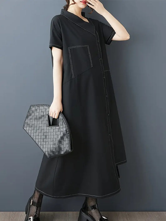 CM-DT599919 Women Elegant Seoul Style Asymmetrical Hem Long Sleeve Loose Fit Shirt Dress - Black