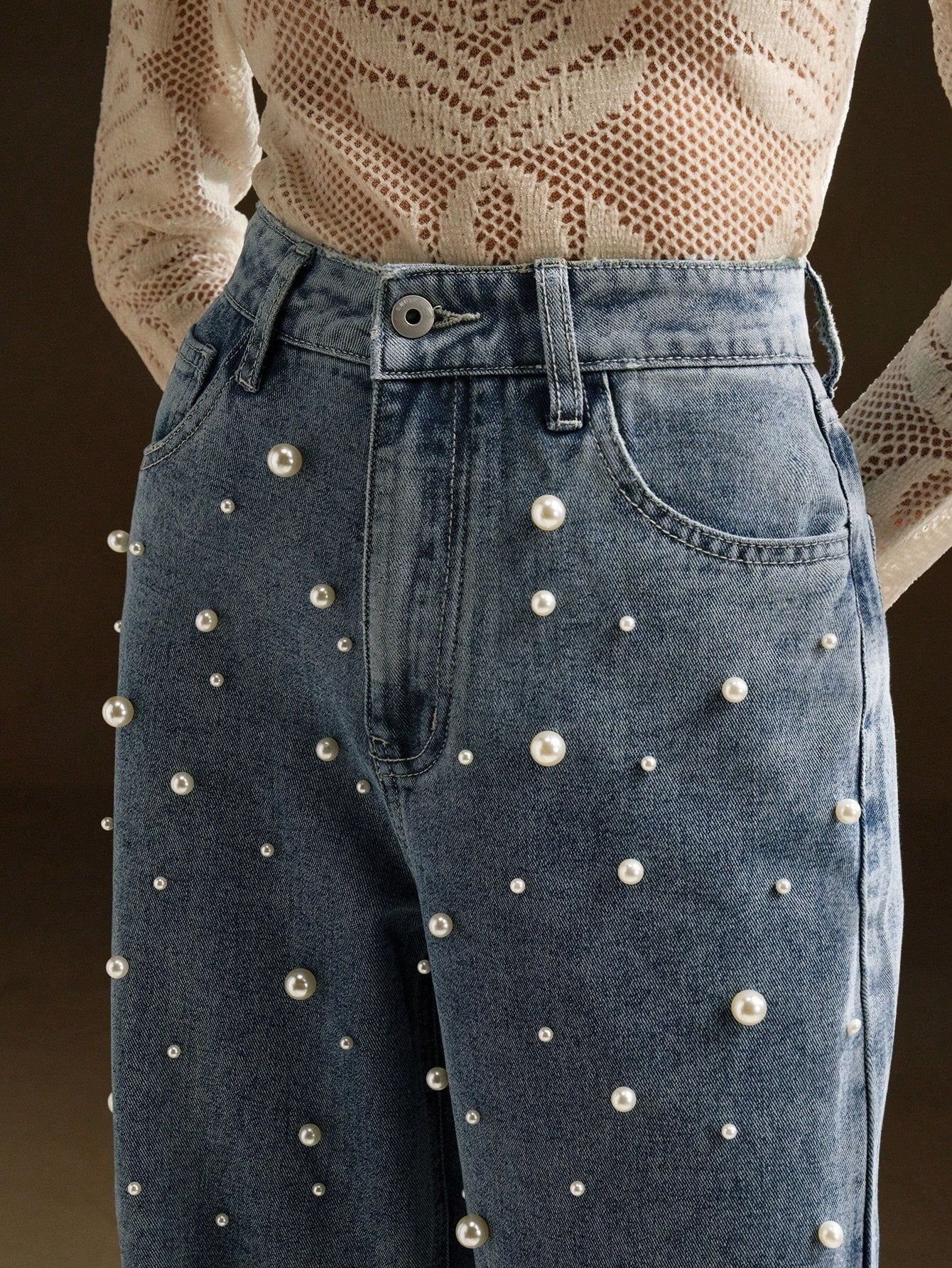 CM-BS767711 Women Elegant Seoul Style High Waist Beaded Loose Wide Leg Shiny Denim Pants - Blue