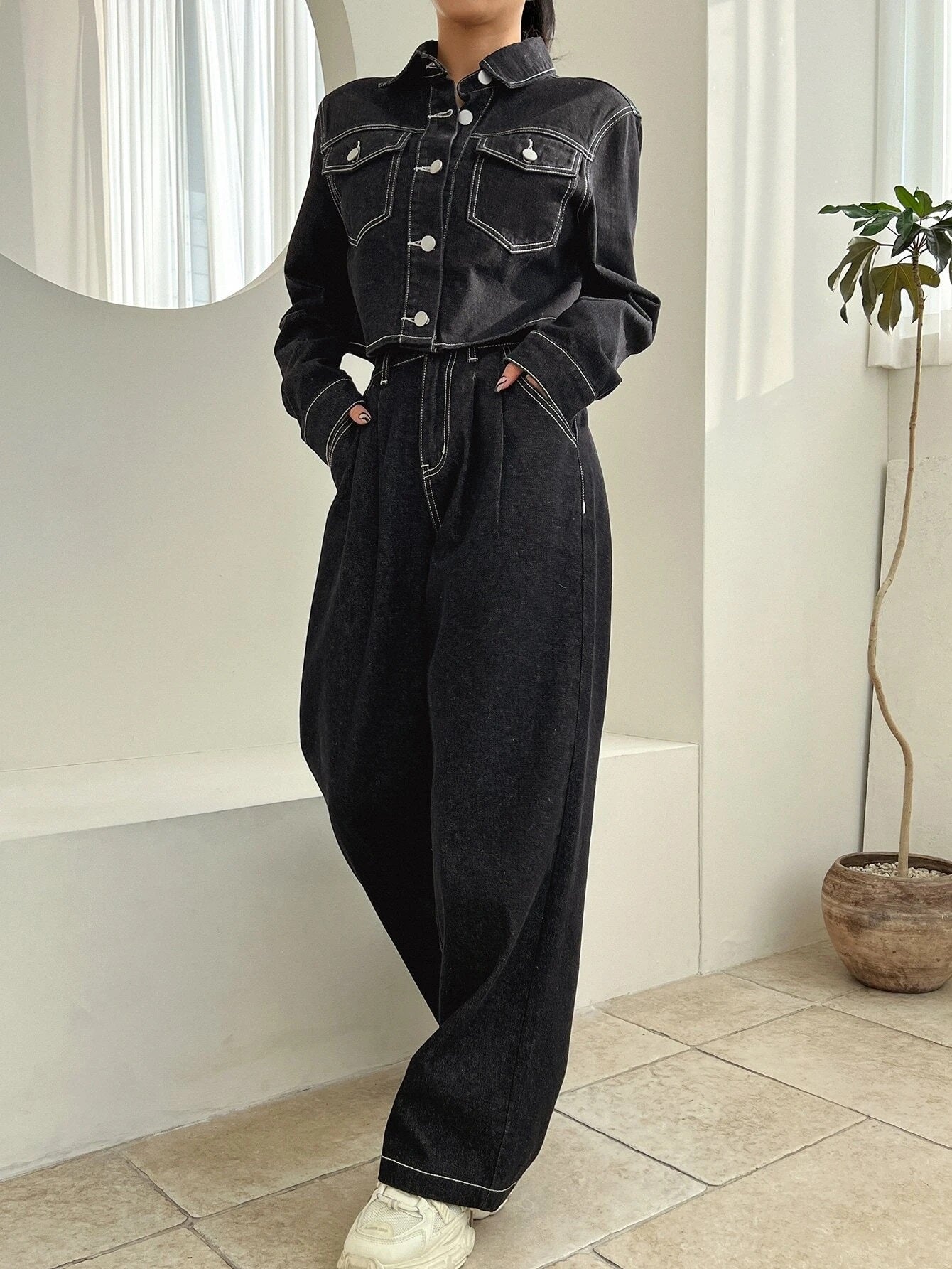 CM-SS935935 Women Preppy Seoul Style Flap Pocket Crop Denim Jacket With Wide Leg Jeans - Set