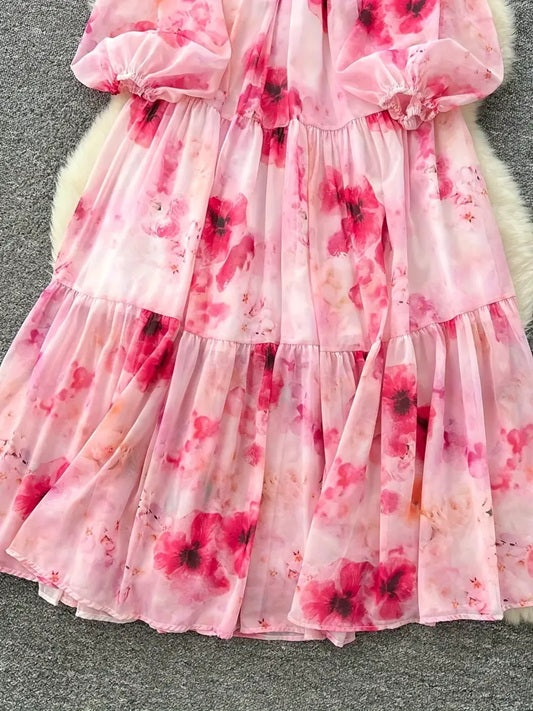 CM-DT346357 Women Trendy Bohemian Style Floral Print V-Neck Long Sleeve Maxi Dress - Pink