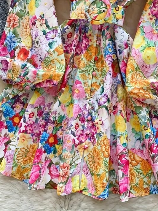 CM-DT765286 Women Elegant Seoul Style Stand Collar Lantern Sleeve Floral Print A-Line Dress