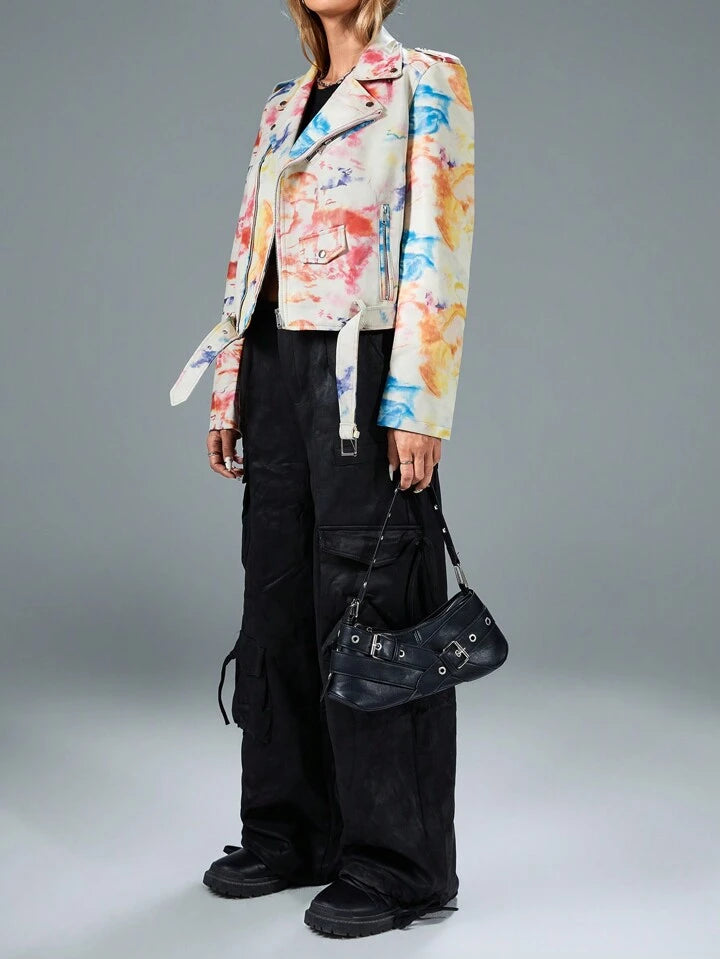 CM-CS707839 Women Casual Seoul Style Graffiti Print Double Breasted Long Sleeve PU Jacket