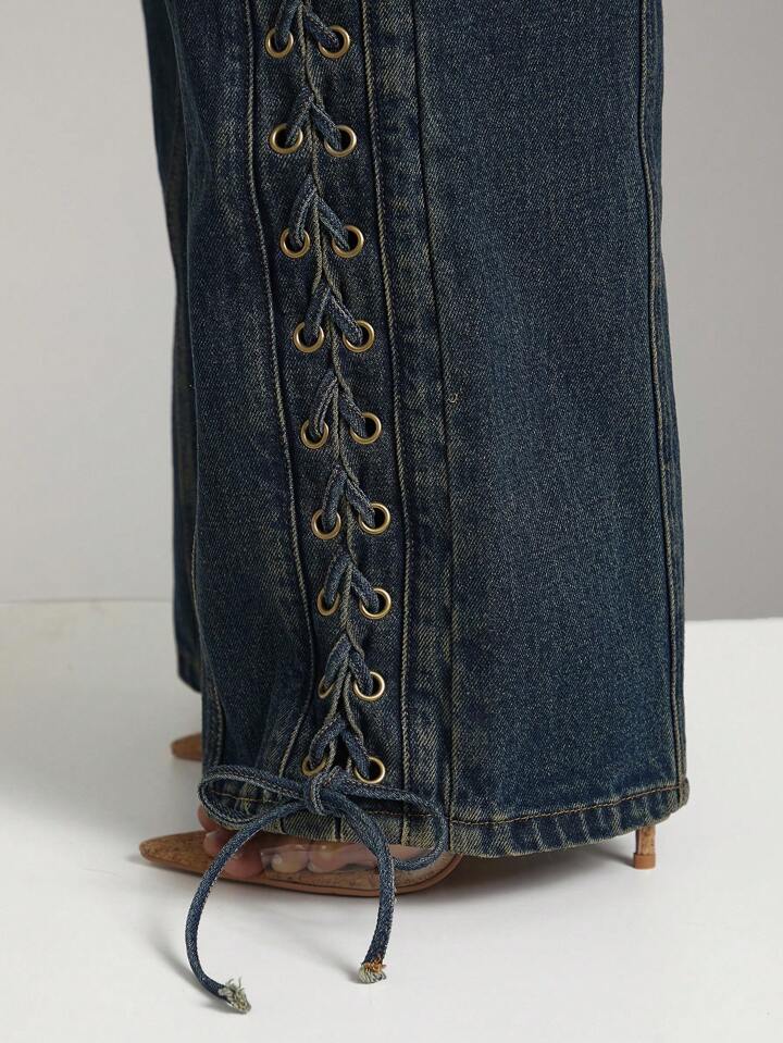 CM-BS613959 Women Casual Seoul Style Lace Up Exttra Long Wide Leg Denim Jeans