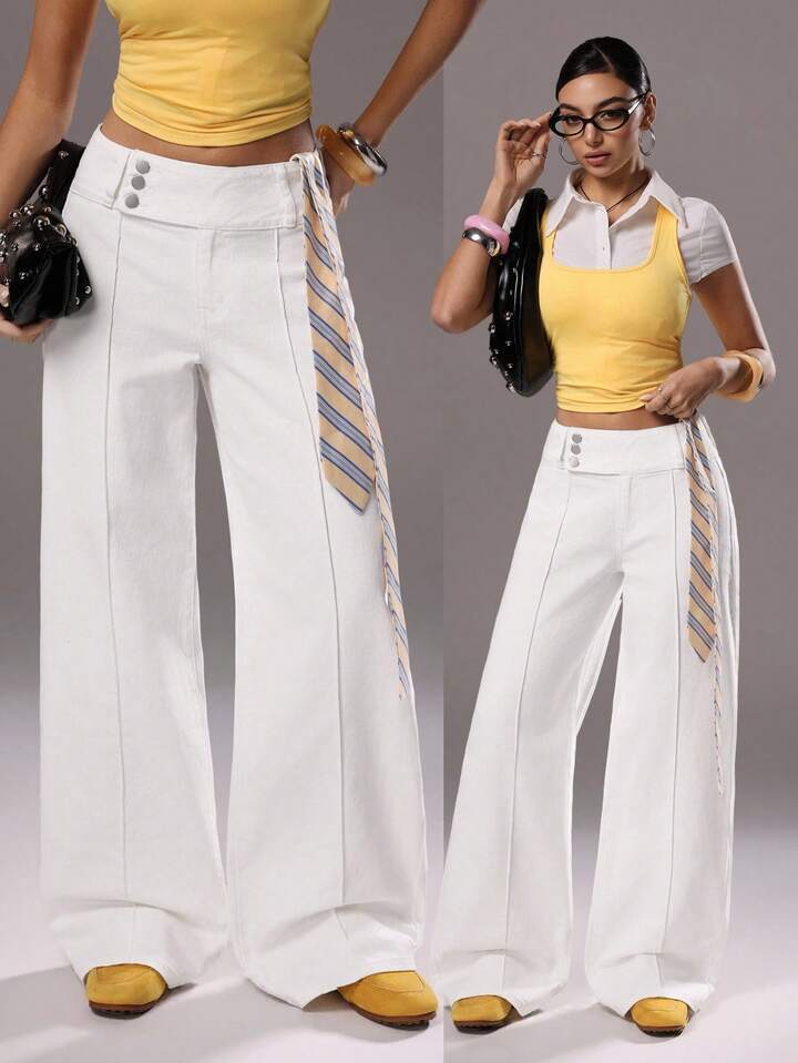 CM-BS569859 Women Casual Seoul Style Mid Waist Extra Long Wide Leg Denim Jeans - White
