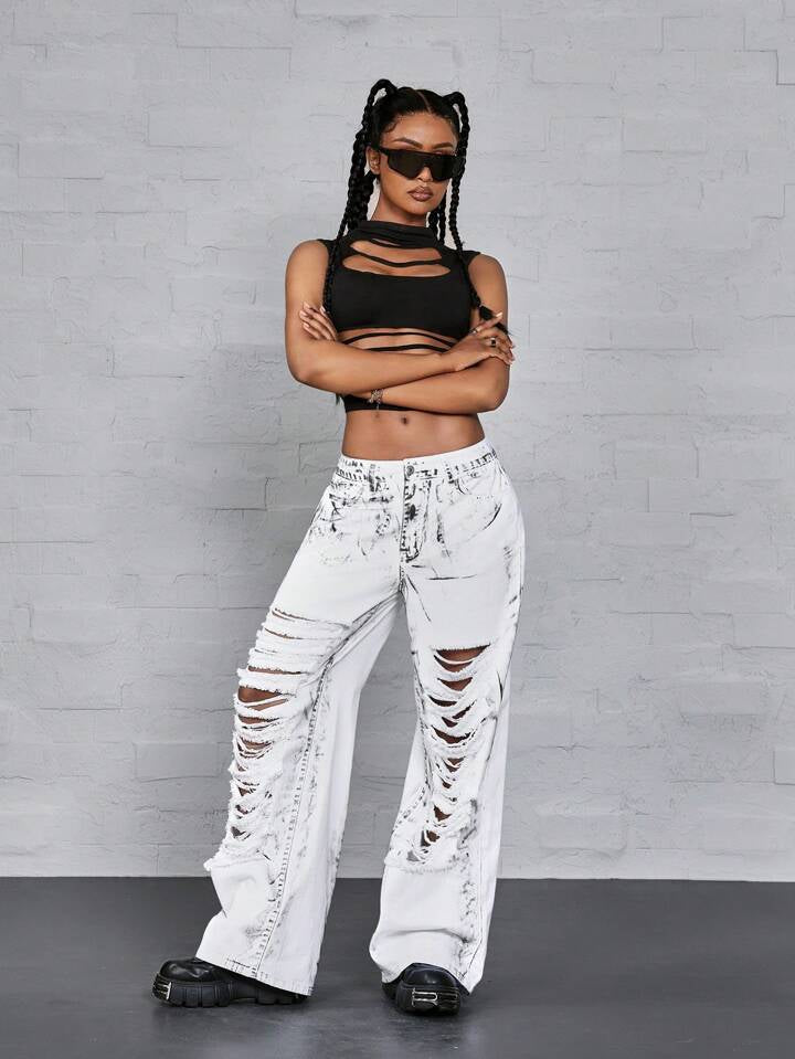 CM-BS860642 Women Casual Seoul Style Digital Printed Distressed Washed Denim Jeans - White