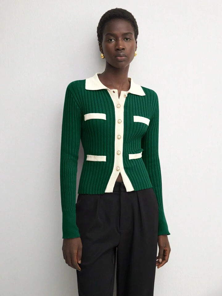 CM-CS190799 Women Casual Seoul Style Collar Neckline Long Sleeve Colorblock Knitted Sweater - Green