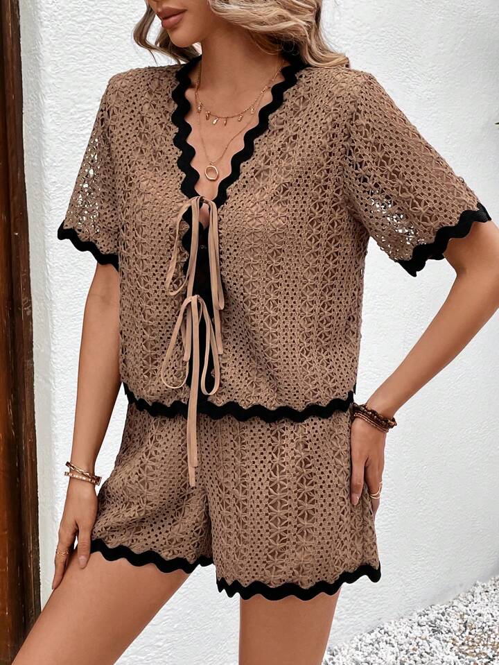 CM-SS667298 Women Trendy Bohemian Style Hollow Out Front Tie Short Sleeve Top With Shorts - Khaki